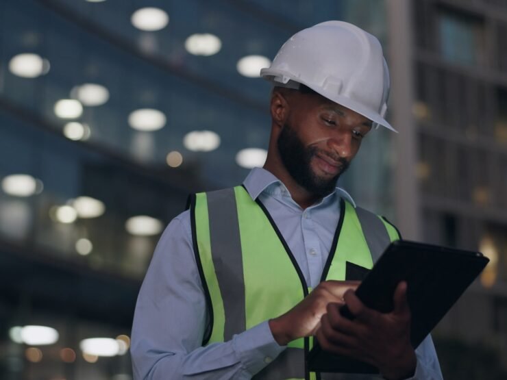 black-man-engineer-city-building-with-tablet-online-inspection-safety-protocol-architecture-late-night-male-person-hardhat-construction-project-with-deadline-internet-urban-min